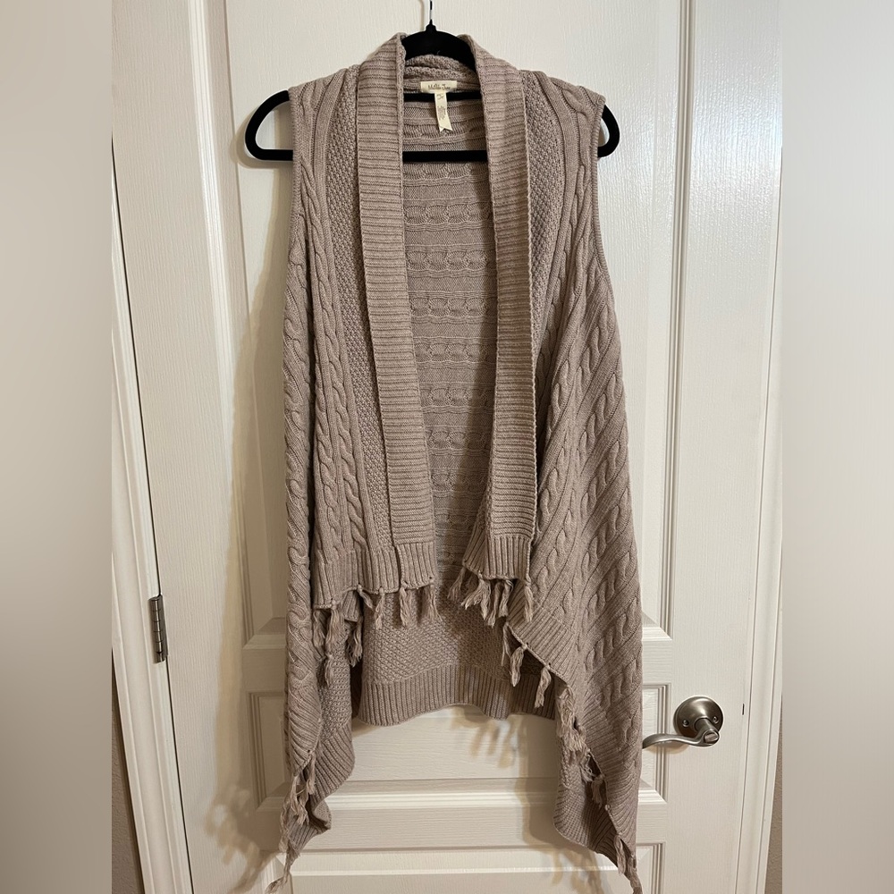 MATILDA JANE Sz S Cardigan Sweater Long Open Fringe Tan Tassels Vest